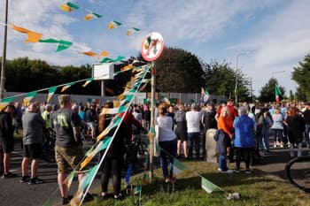 Anti-immigration protesters gathered at the Crown Paints site on Malahide road over the proposed housing of international Protection applicants at the former factory. Photograph by Alan Betson