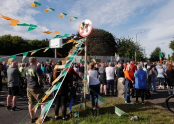 Anti-immigration protesters gathered at the Crown Paints site on Malahide road over the proposed housing of international Protection applicants at the former factory. Photograph by Alan Betson