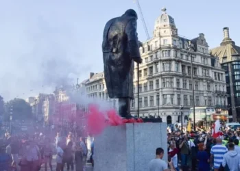 Smoke flares on the Churchill statue in Parliament Square, London