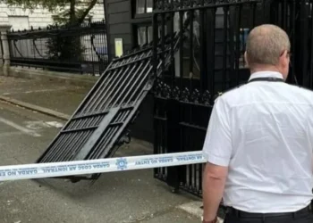 The gates at the Office of the Attorney General were damaged in the incident