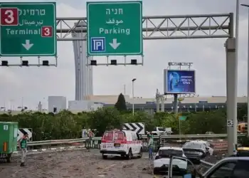 Israeli security forces inspect the site where the Israeli military said a projectile fired by Yemen's Houthi rebels landed in the area of Ben Gurion International Airport near Tel Aviv Alamy